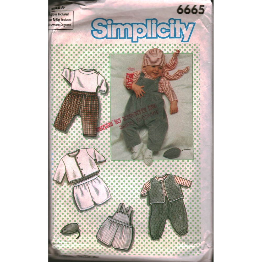 Simplicity 6665 Baby Layette Sewing Pattern Overalls Jacket Pants Hat Toy Size A